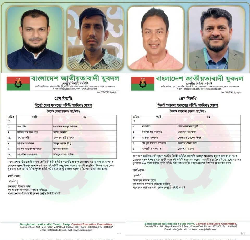 সিলেট জেলা ও মহানগর যুবদলের নবনির্বাচিত কমিটিকে জেলা বিএনপির অভিনন্দন